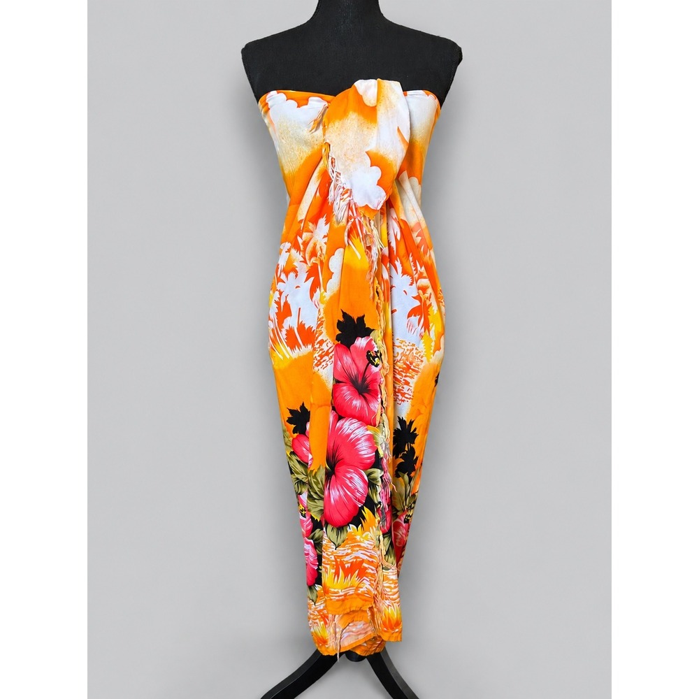 InGear Beach Sarong Women OS Orange Excellent Vintage Tropical Hibiscus Wrap